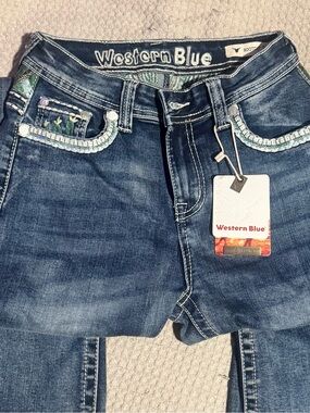 Western Blue Boot Cut Jeans in Dark Blue with Embellished Pockets